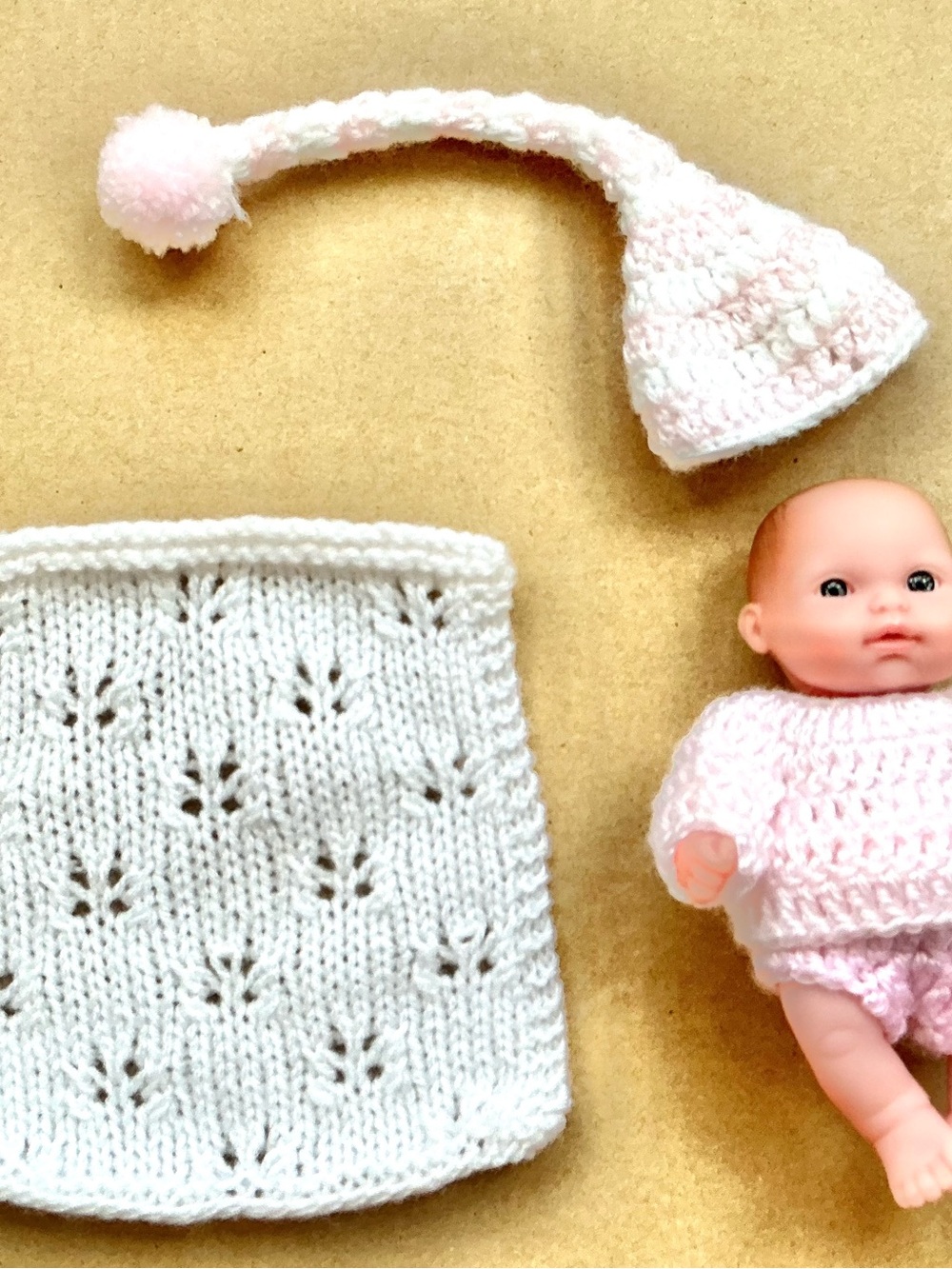 Berenguer baby doll 5” redressed in crochet outfit with blanket and hat